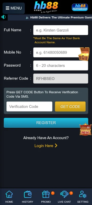 Hb88au platform on a mobile device